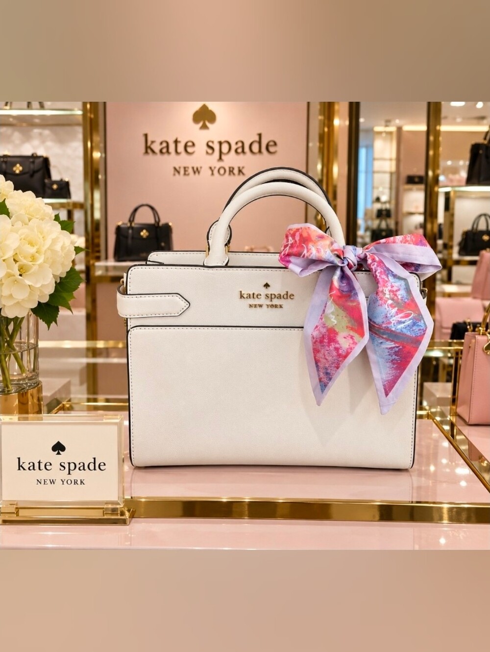 kate spade White Leather Satchel with Multicolor Scarf Accent